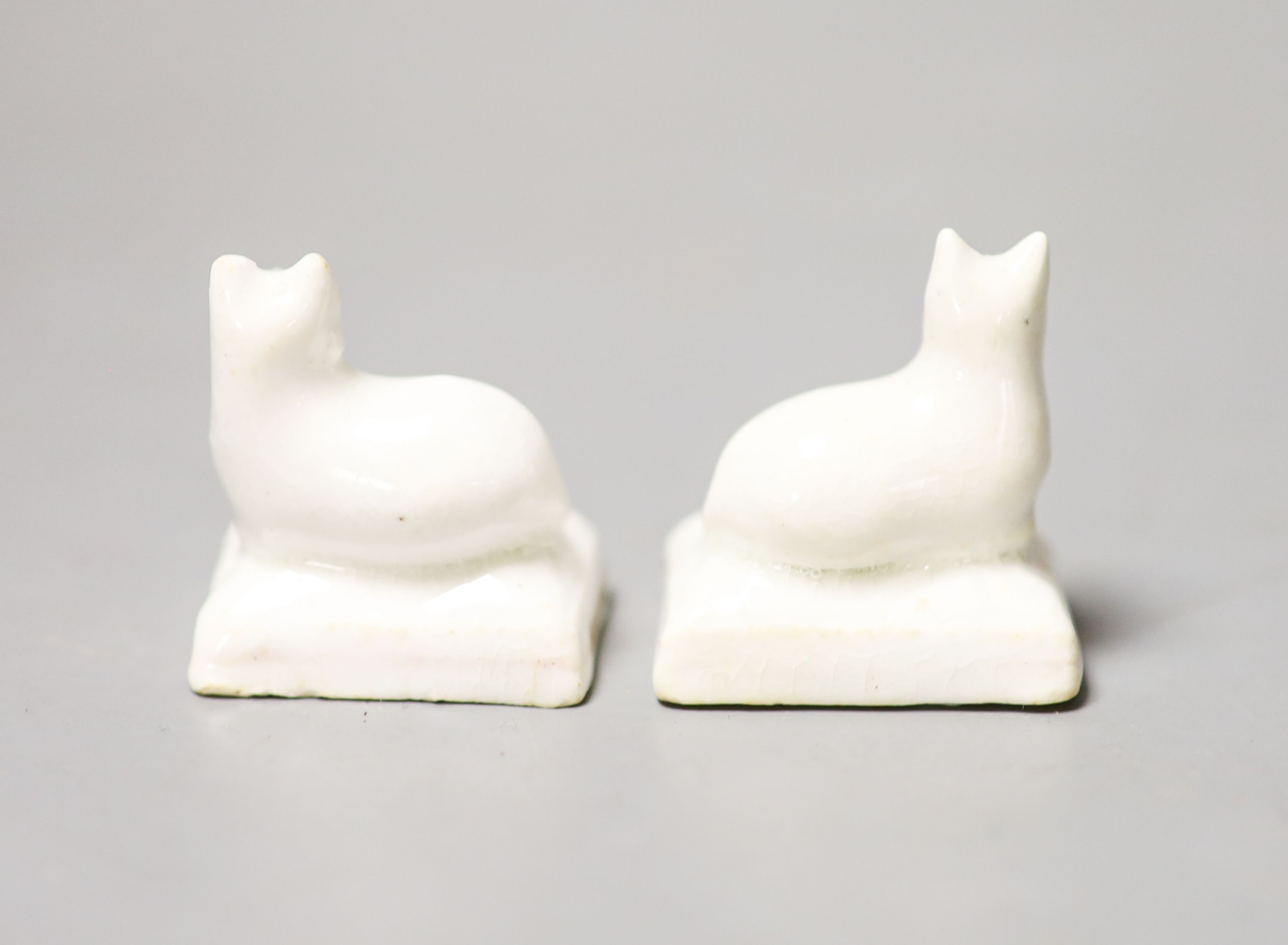 A pair of Staffordshire porcelain models of recumbent kittens, each on a rectangular base 3cm